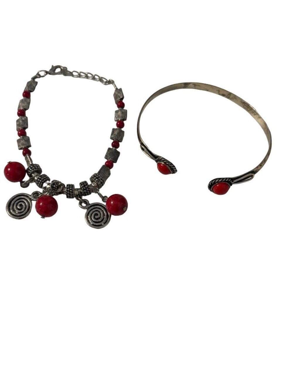 Vintage Southwestern Style Red Bead Bracelet & Cuff Bracelet Set Silver Tone Boh